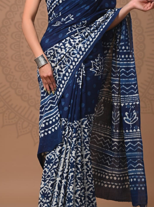 Indigo Blue Cotton Saree with Handblock Prints & Contrast Pallu