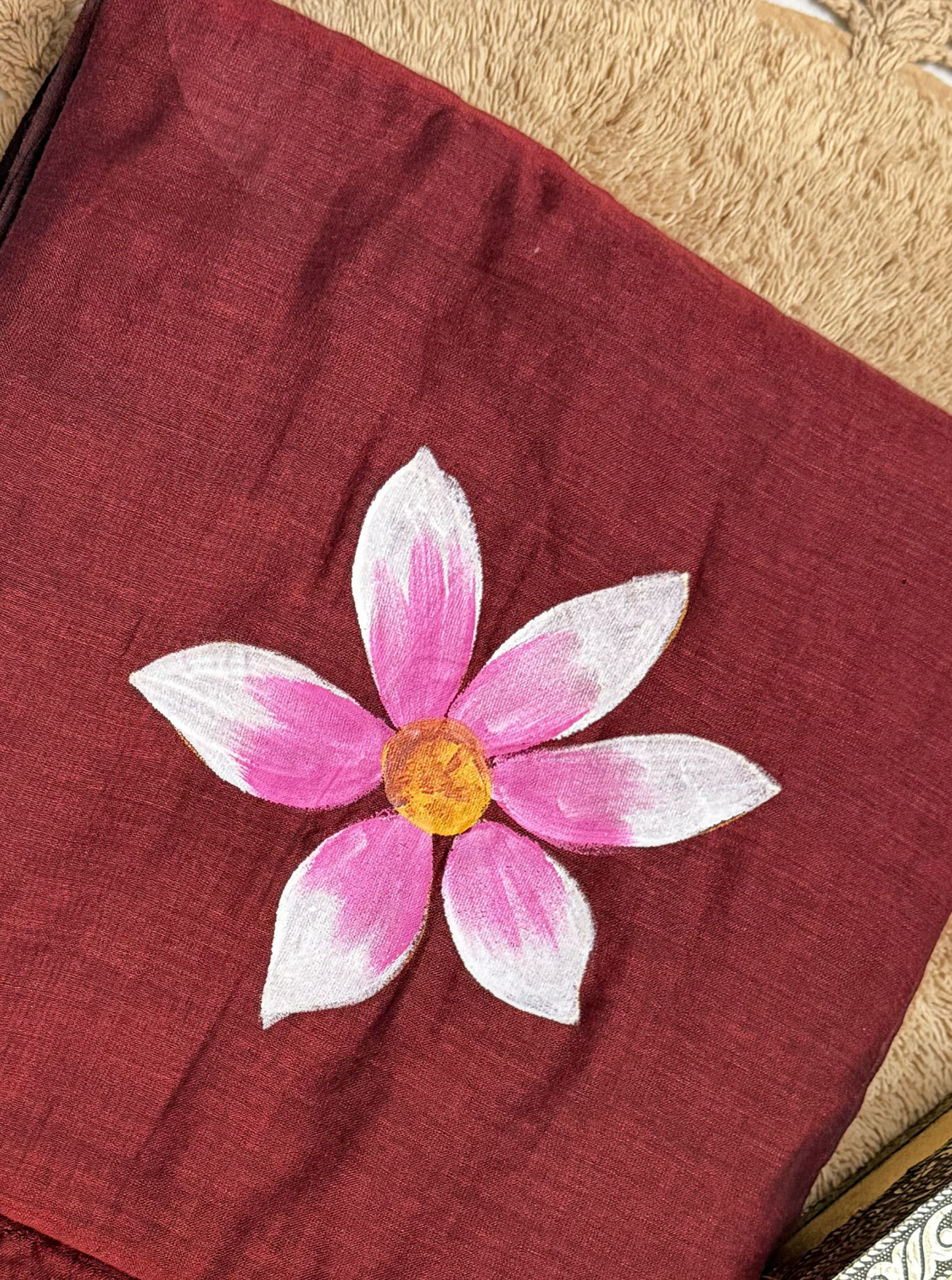 Rust Maroon Mul Cotton Saree with Hand-Painted Pink Floral Motif & Tassels