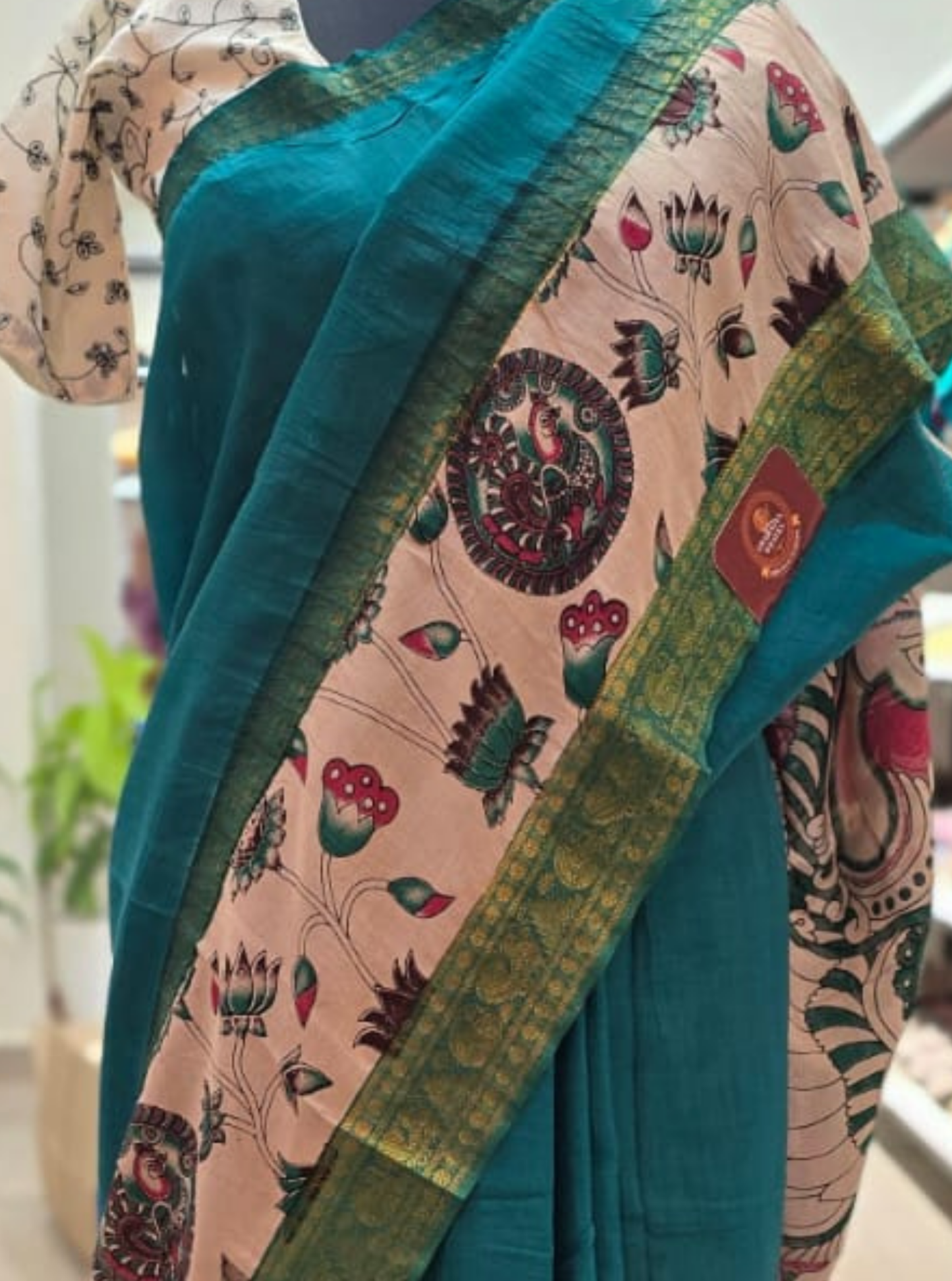 Teal Mangalagiri Silk Saree with Kalamkari Print & Gap Border