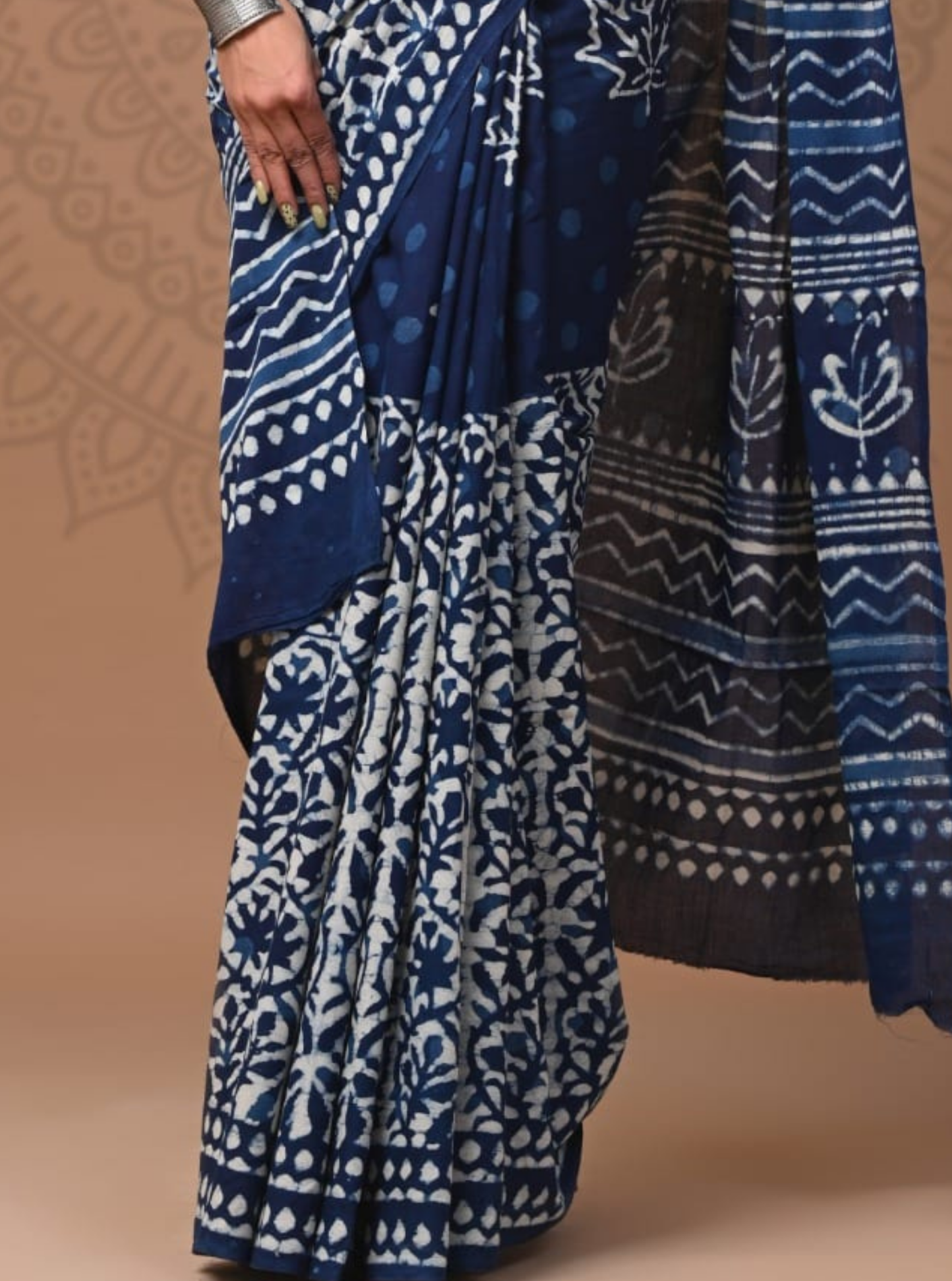 Indigo Blue Cotton Saree with Handblock Prints & Contrast Pallu