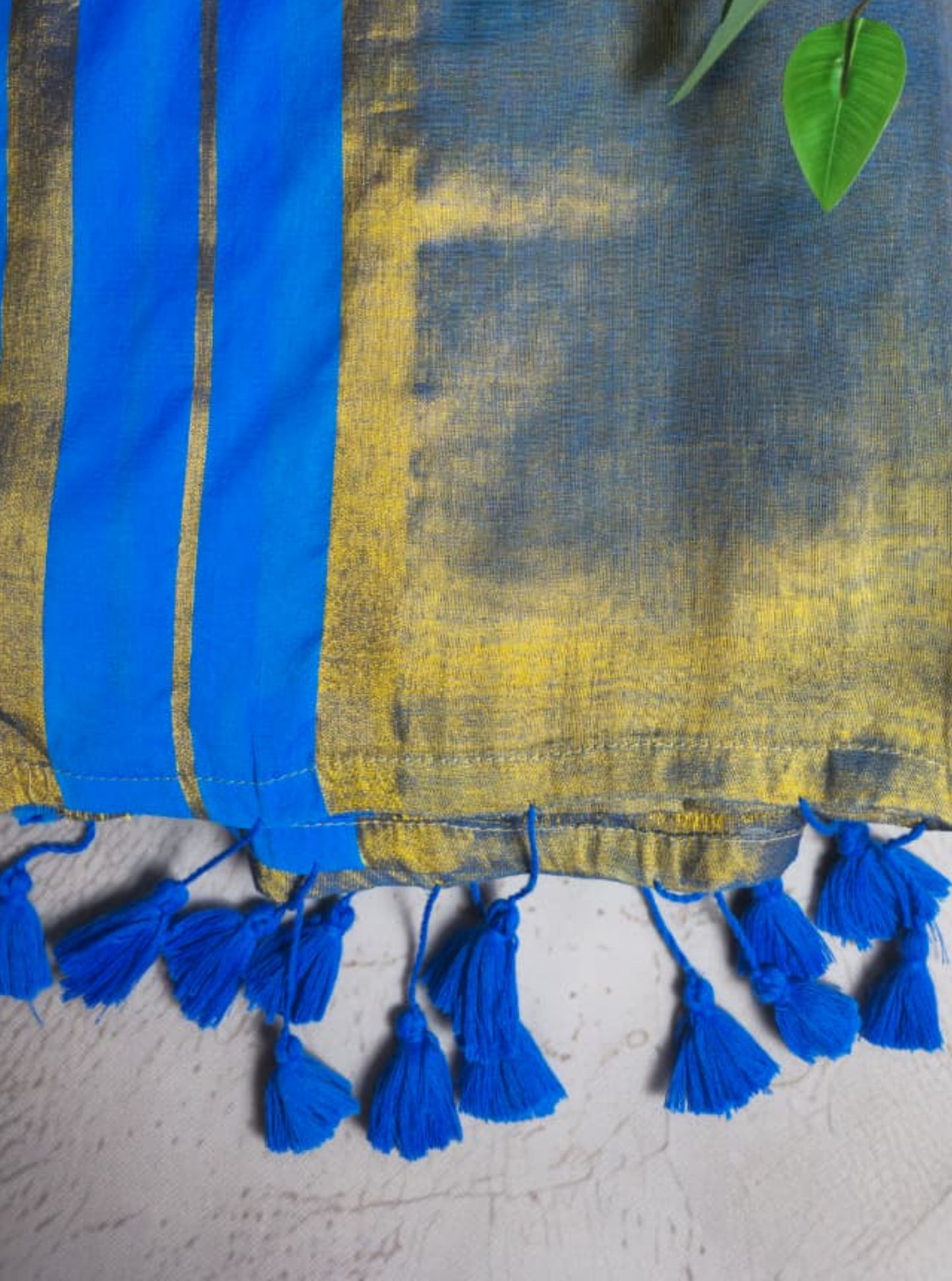 Blue & Gold Tissue Cotton Saree with Contrast Border