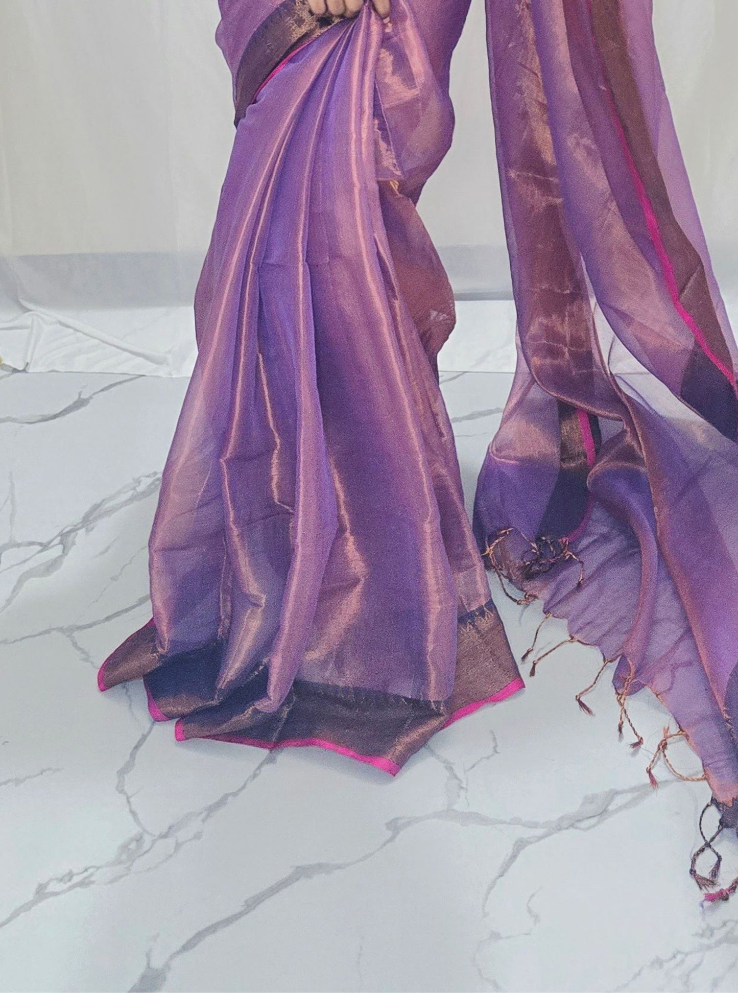 Lavender Rose Tissue Cotton Saree with Antique Zari Border & Pink Selvedge