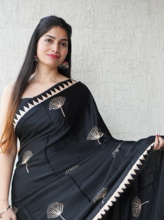 Midnight Bloom Modal Silk Hand-Blocked Ajrakh Saree