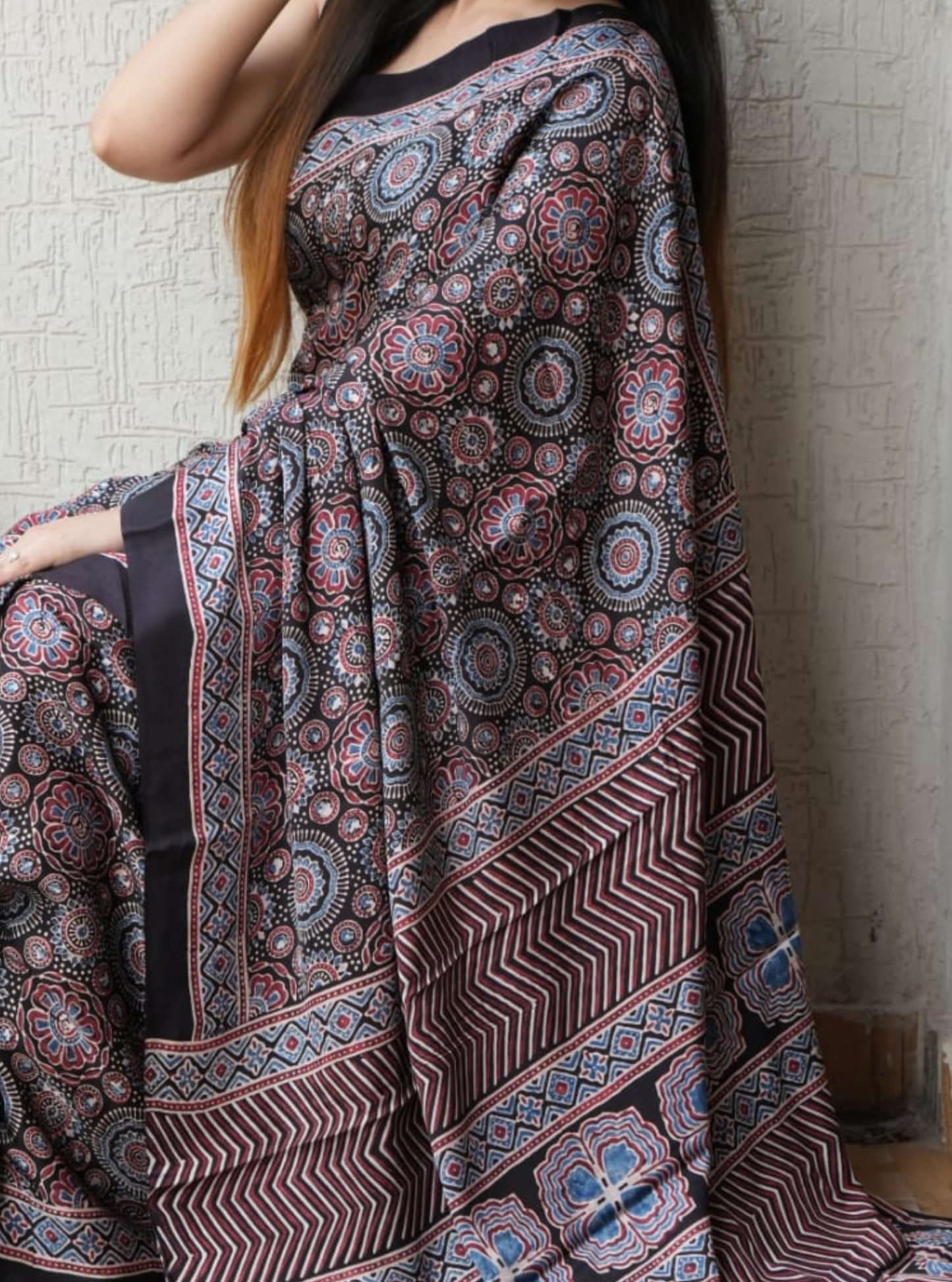 Elegant Charcoal Modal Silk Saree with Intricate Floral & Geometric Motifs