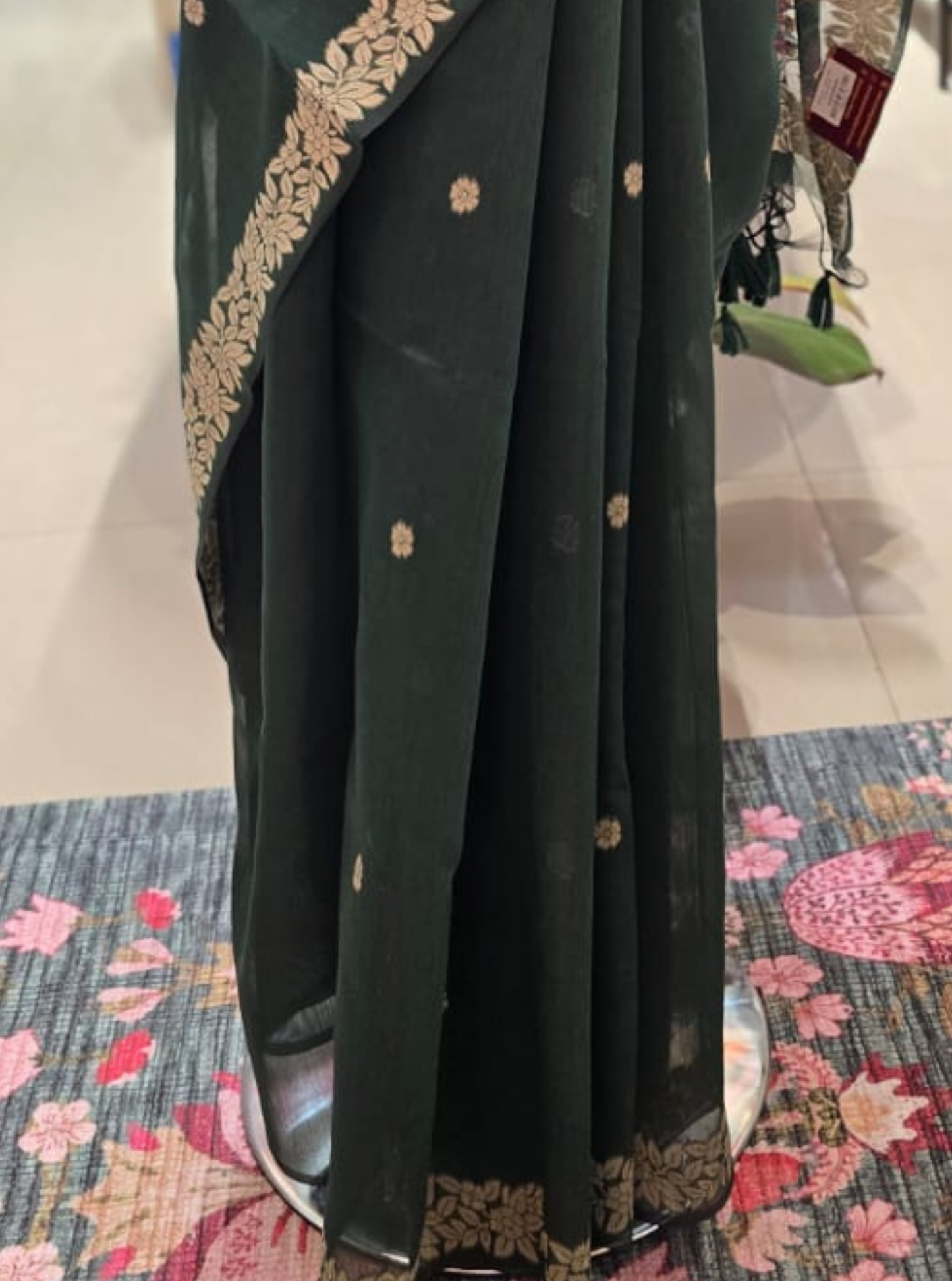 Dark Green Cotton Designer Saree with Zari Floral Border