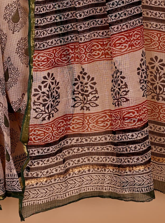 Elegant Kota Doria Saree in Beige with Traditional Bagru-Inspired Prints