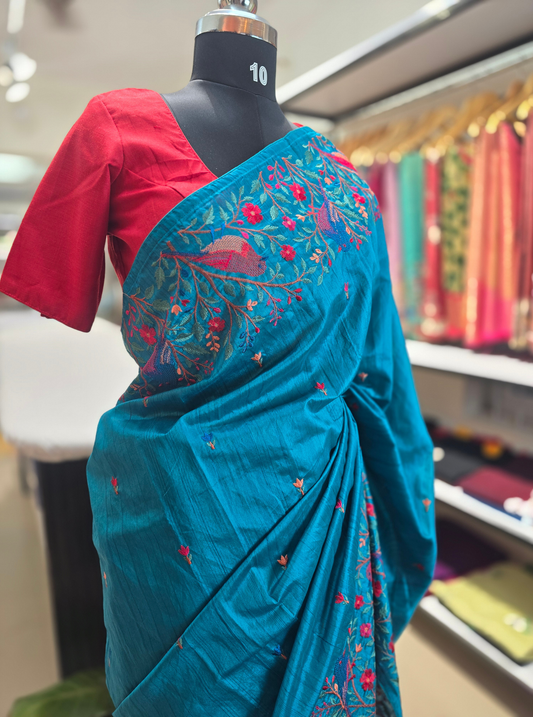 Teal Blue Tussar Silk Saree with Floral Embroidery