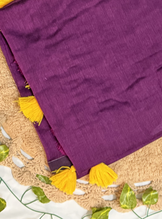 Purple Mul Cotton Saree with Hand-Painted Floral Accent & Contrast Tassels