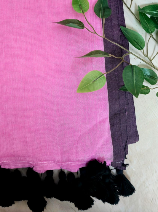 Blush Pink Mul Cotton Saree with Black Tassel Border