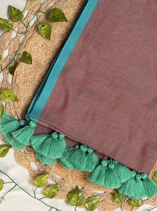 Dusty Rose Mul Cotton Saree with Teal Border & Contrast Tassels