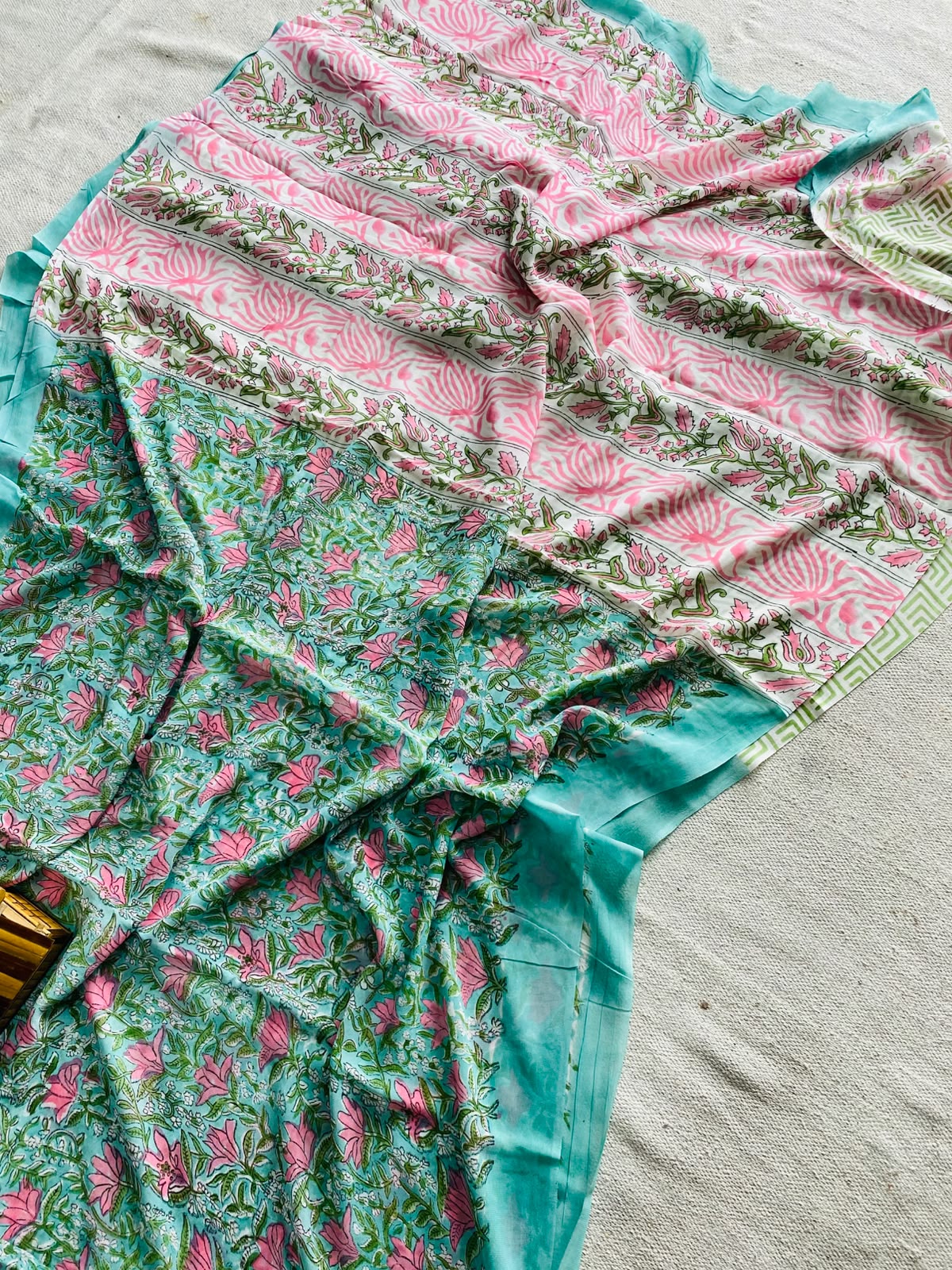 Pink & Aqua Ajrakh Hand Block Printed Georgette Saree