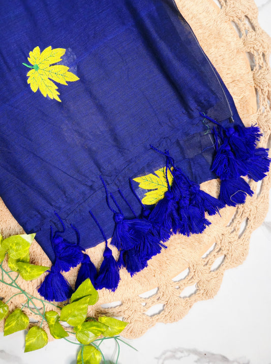 Navy Blue Mul Cotton Saree with Handcrafted Yellow Motifs & Tassel Pallu