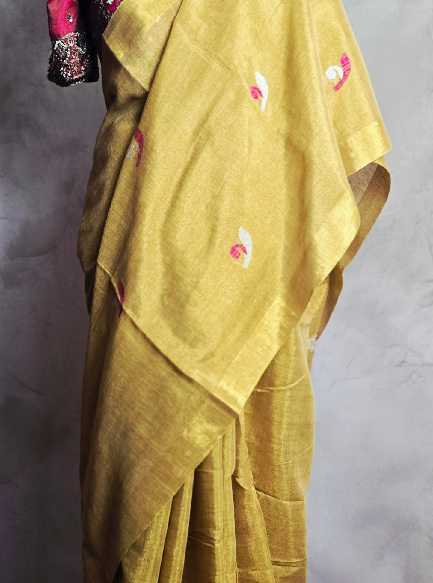 Golden Yellow Linen Tissue Saree with Delicate Motifs