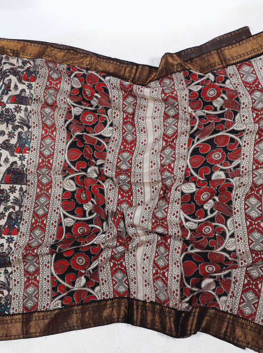 Ivory Kalamkari Mangalagiri Silk Saree with Traditional Storytelling Motifs