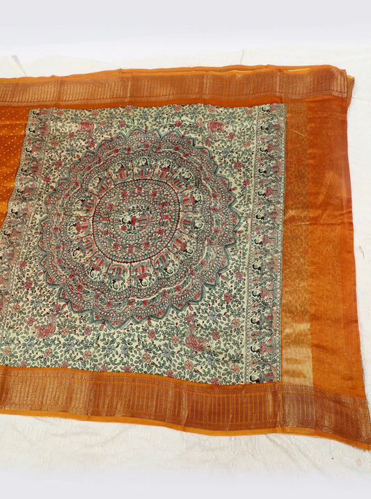 Mustard Chanderi Silk Saree with Kalamkari-Inspired Border