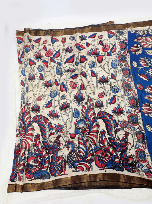 Ivory Kalamkari Mangalagiri Silk Saree with Peacock & Floral Motifs