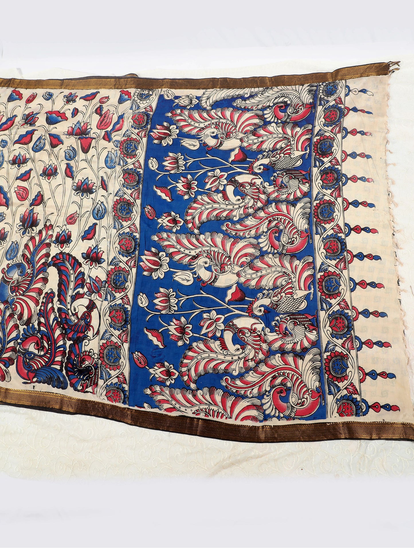 Ivory Kalamkari Mangalagiri Silk Saree with Peacock & Floral Motifs