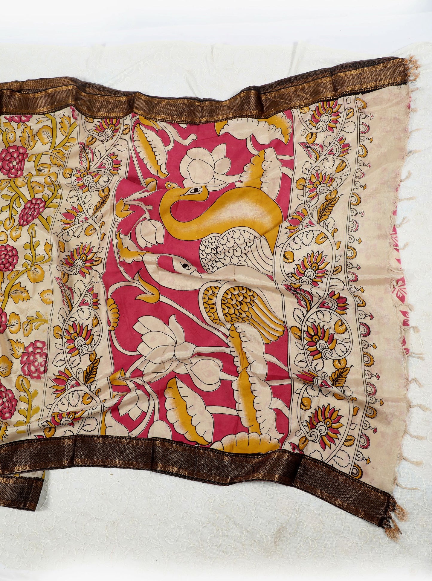Beige Kalamkari Mangalagiri Silk Saree with Peacock & Floral Motifs