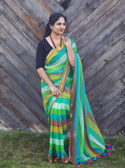 Multicolor Striped Mul Cotton Saree with Contrast Tassel Pallu