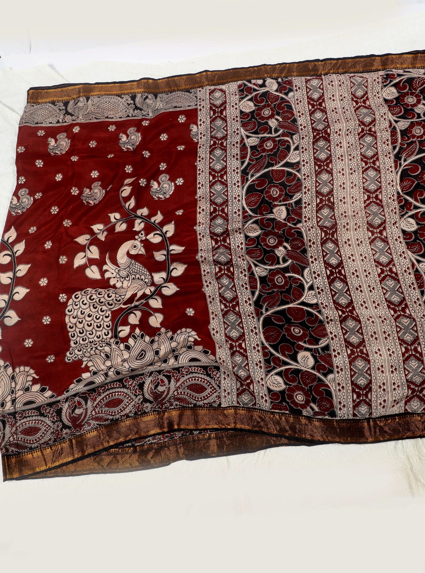 Maroon Kalamkari Mangalagiri Silk Saree with Peacock & Floral Motifs