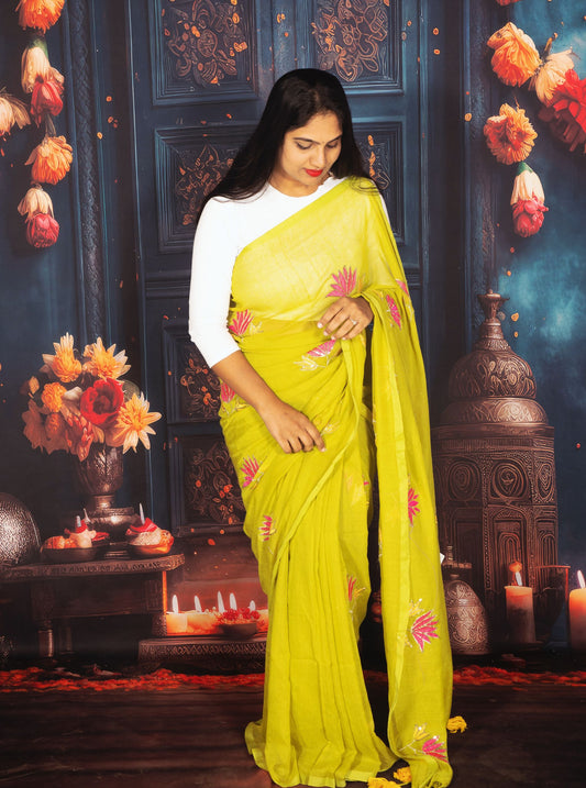 Lime Green Mul Cotton Saree with Hand-Painted Pink Floral Motifs & Tassel Border