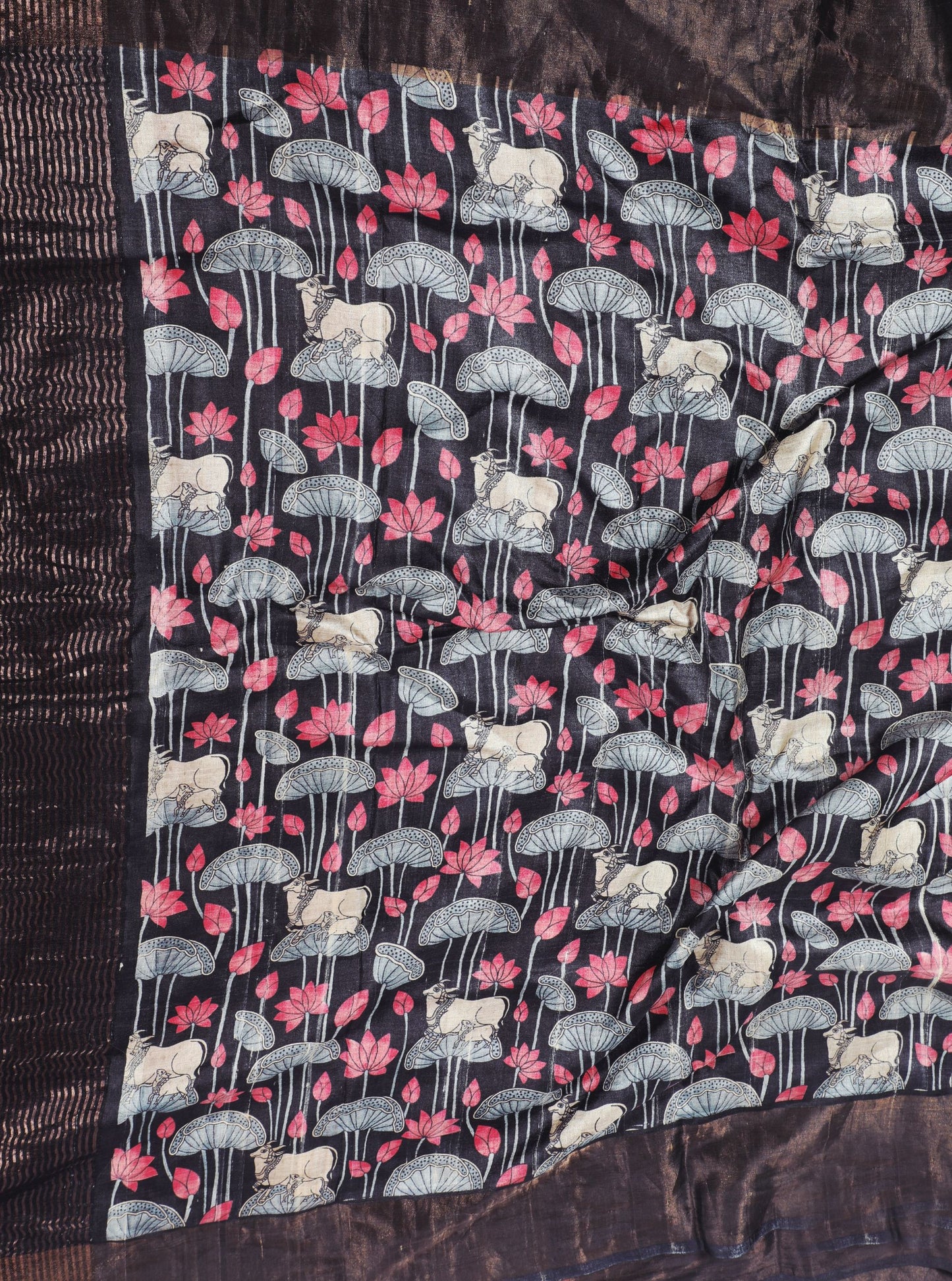 Black Tussar Silk Saree with Tribal Cow & Lotus Motif Print