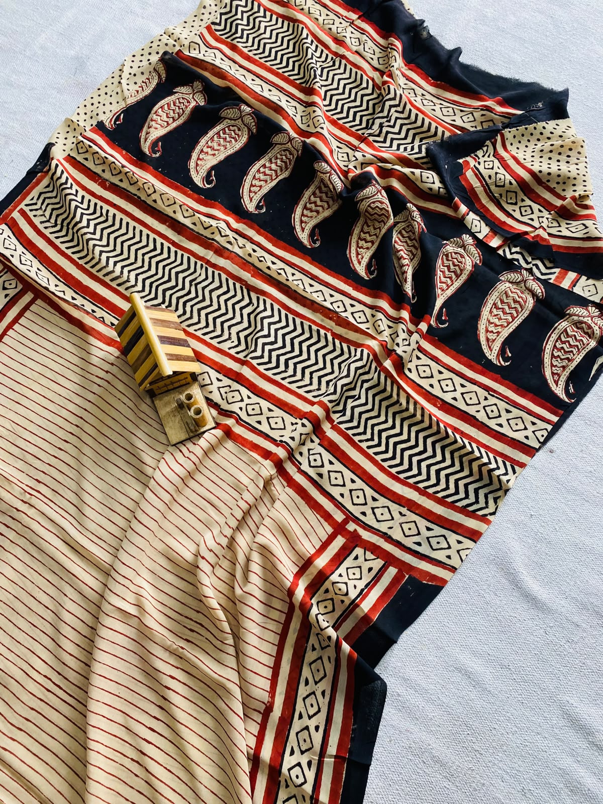 Ivory White & Midnight Blue Ajrakh Hand Block Printed Georgette Saree