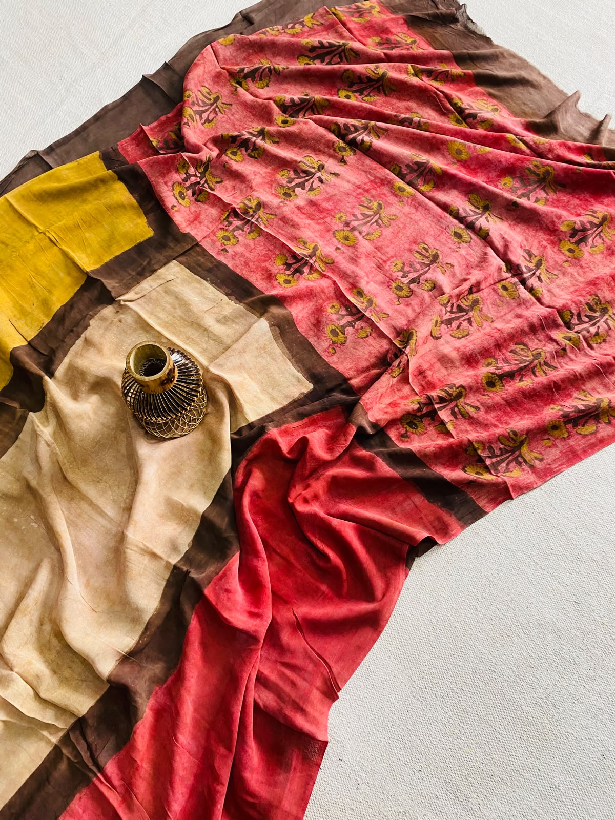 Crimson Red & Sand Beige Ajrakh Hand Block Printed Georgette Saree