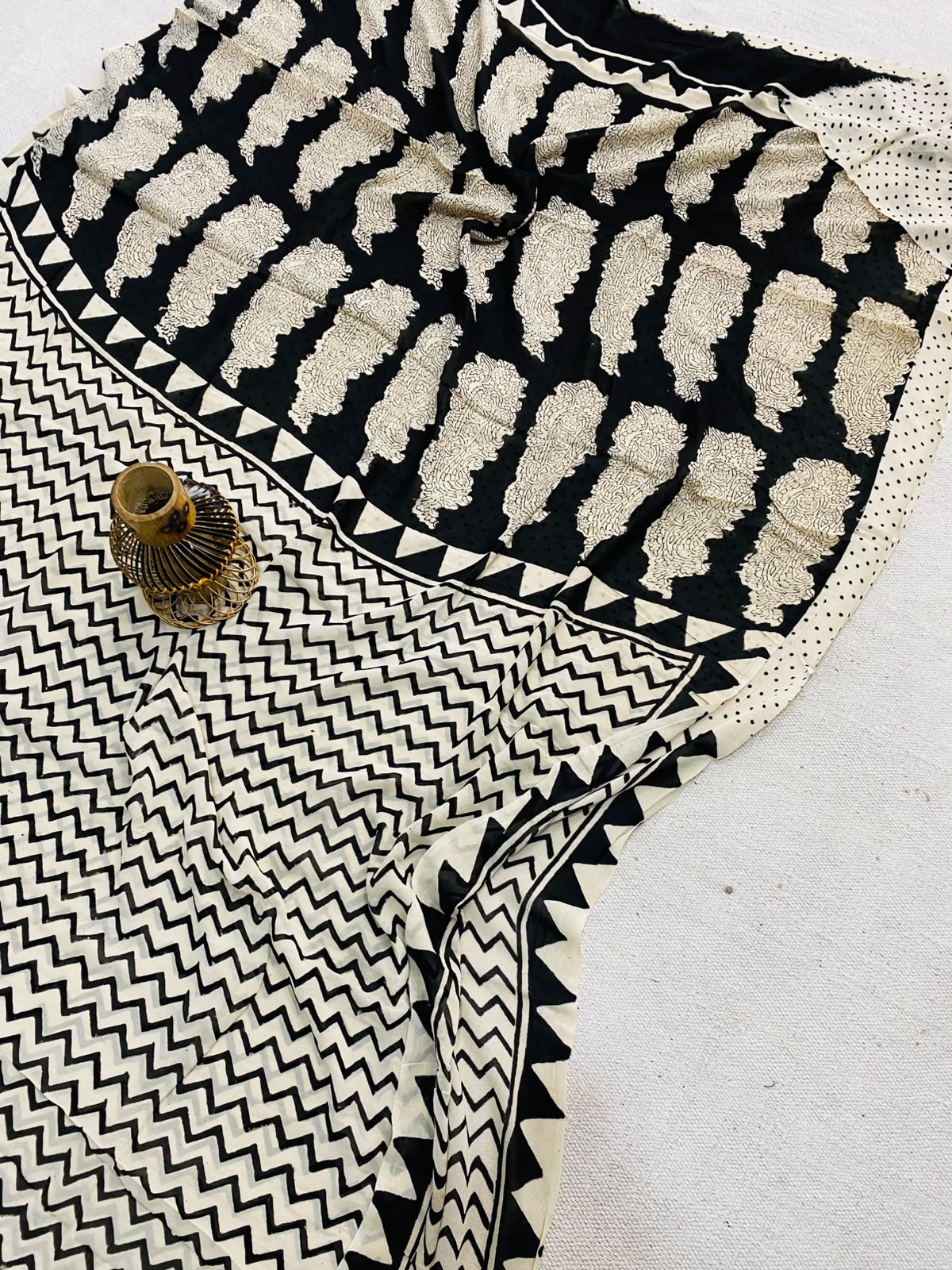 Ivory White & Charcoal Black Ajrakh Hand Block Printed Georgette Saree