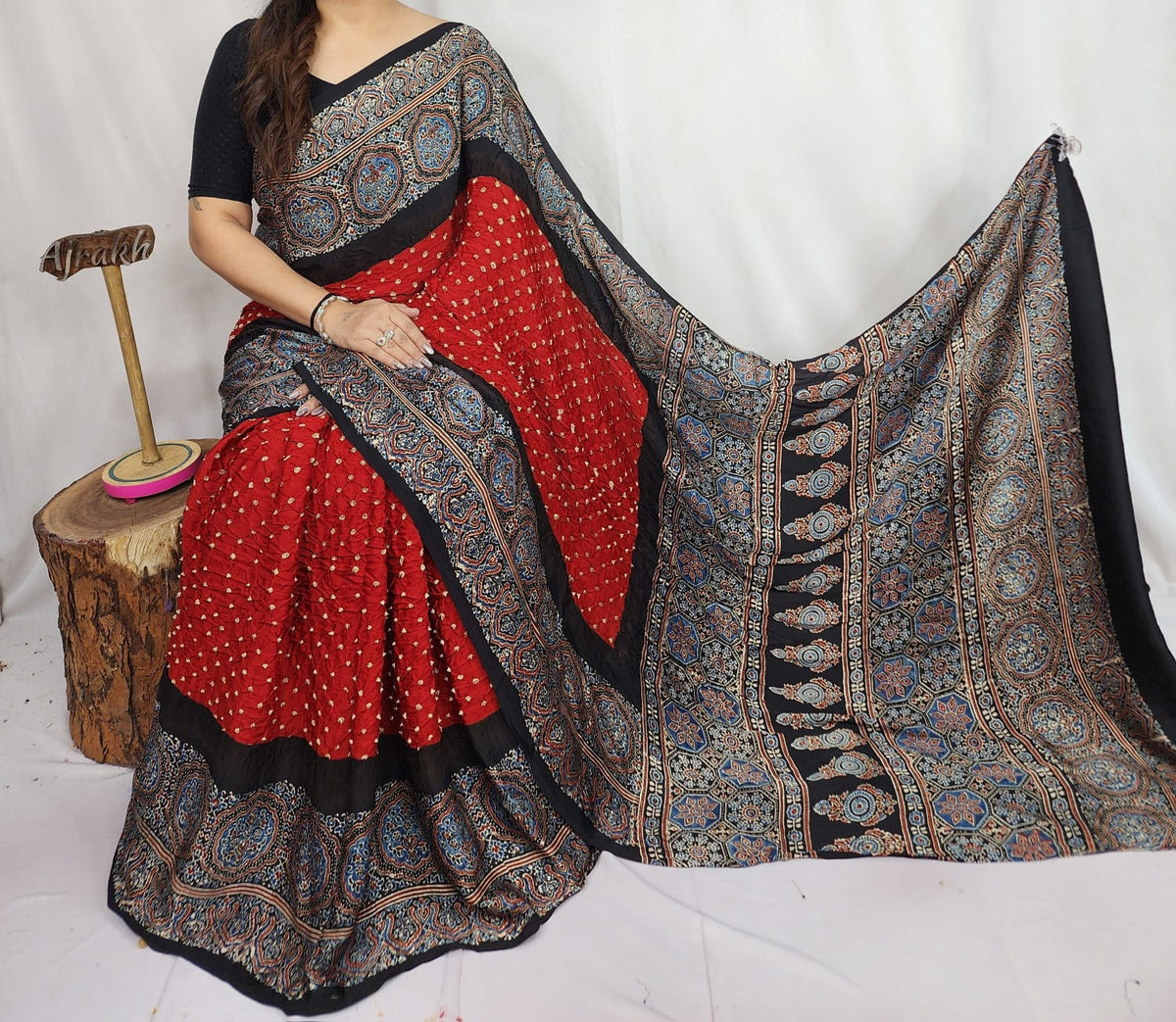 Mustard Yellow Bandhani Modal Silk Ajrakh Saree with Blue Floral Border
