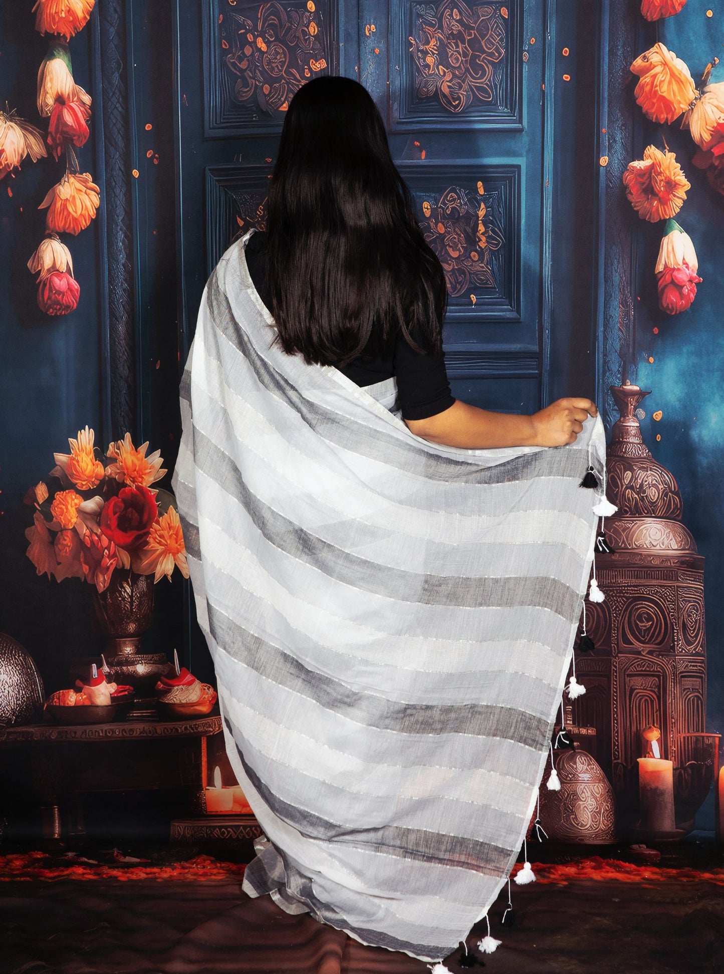 Grey & White Mul Cotton Saree with Subtle Stripes and Tassel Pallu