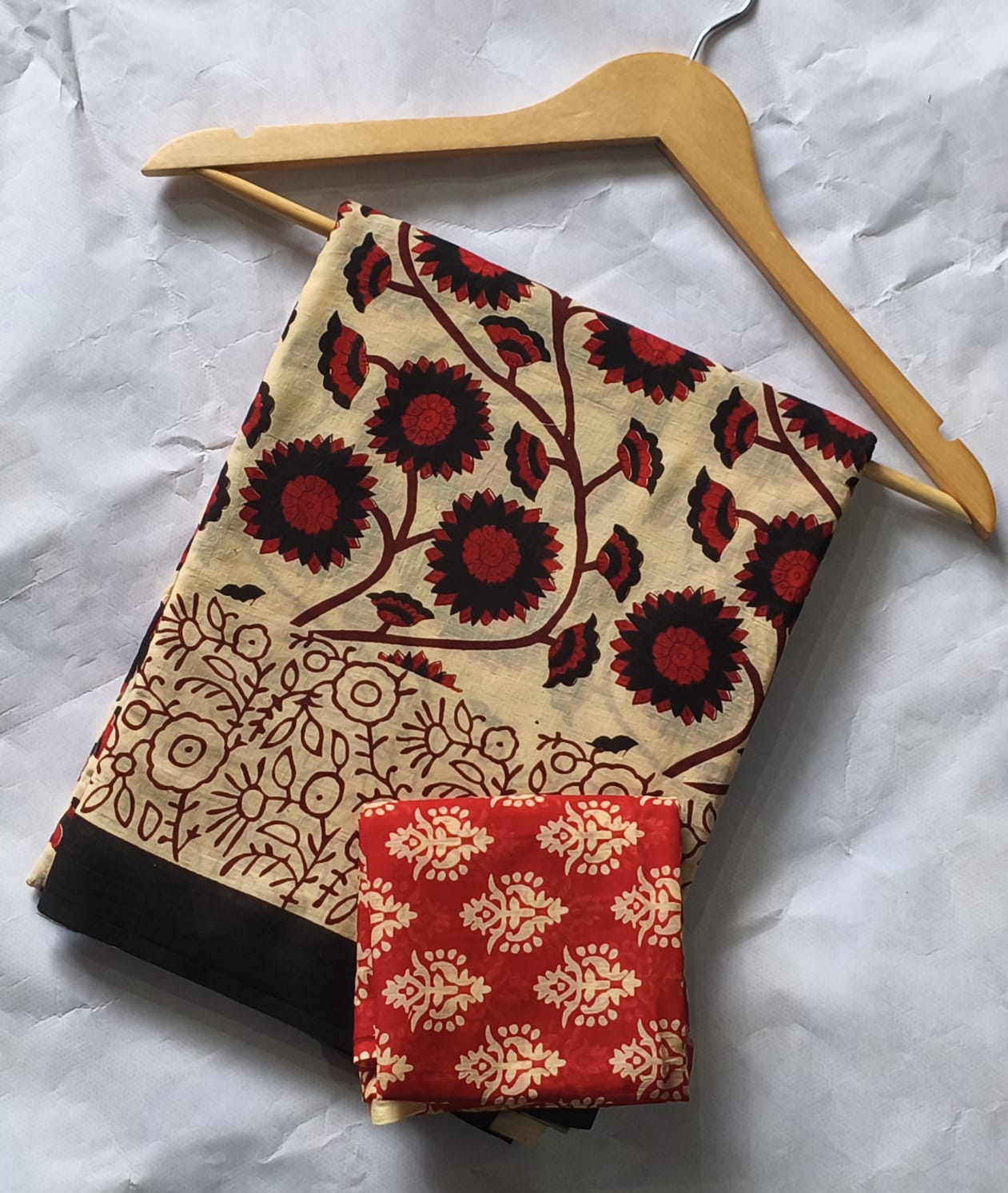Ivory & Maroon Floral Cotton Bagru Saree