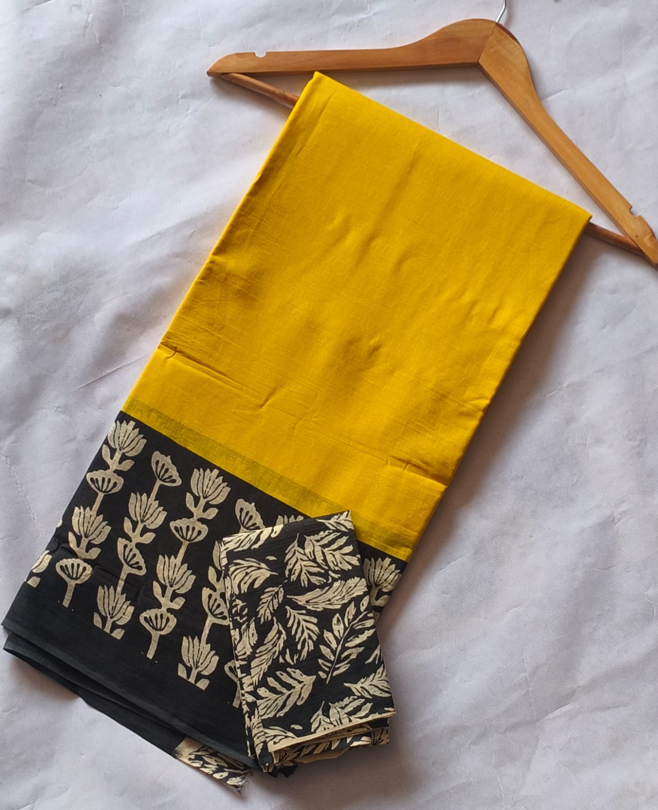 Mustard Yellow & Black Floral Bagru Cotton Saree