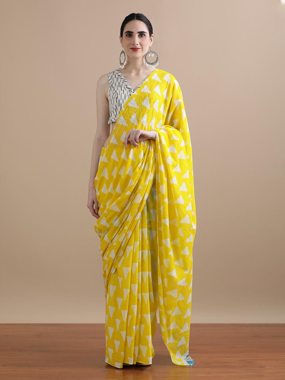 Bright Yellow Cotton Bagru Print Saree with White Geometric Motifs