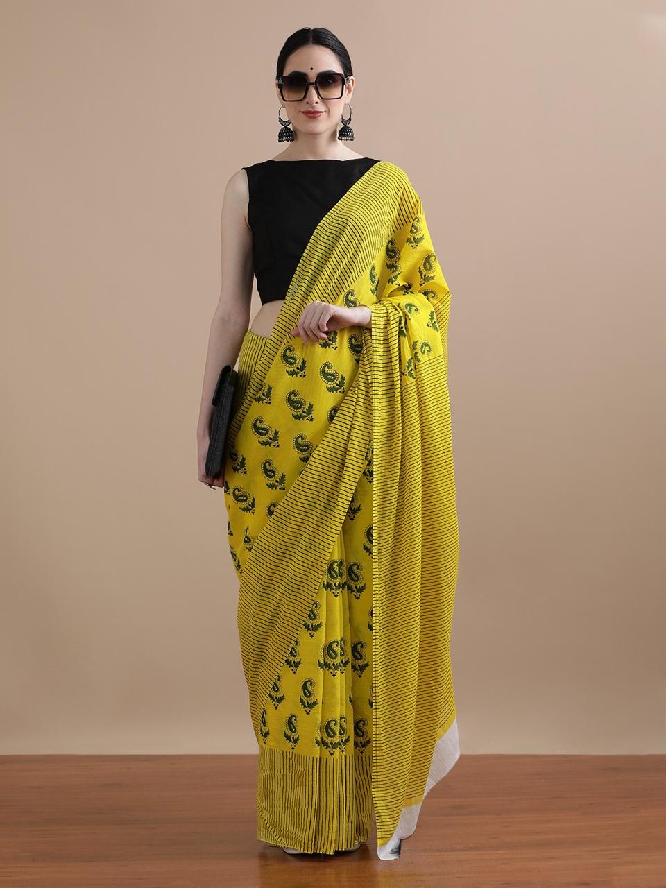 Mustard Yellow Cotton Bagru Print Saree with Dark Paisley Motifs