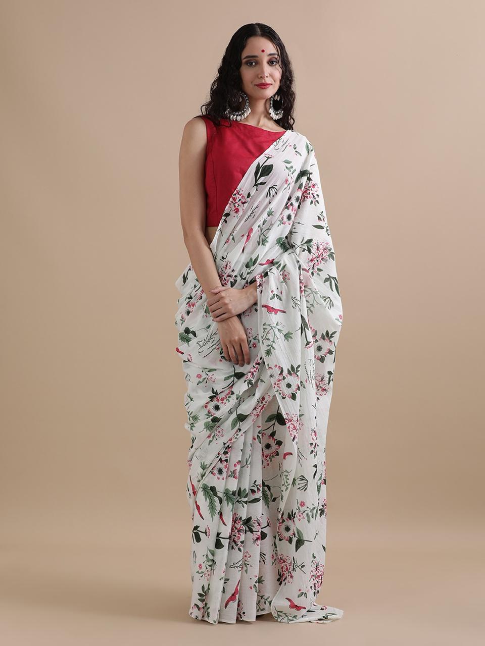 Off-White Cotton Bagru Print Saree with Pink Floral and Green Leaf Motifs