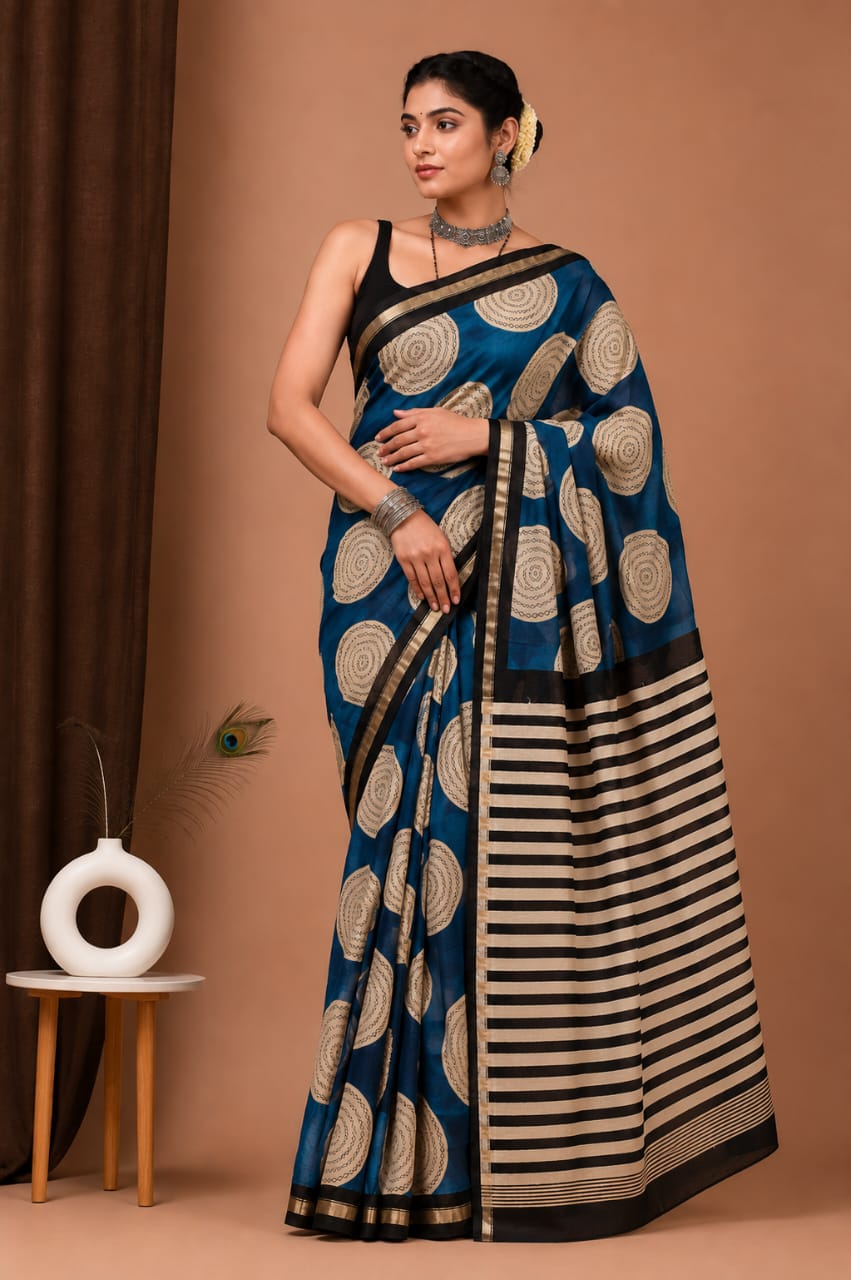 Deep Teal Blue & Ivory Chanderi Silk Ajrakh Saree with Circular Motifs and Striped Pallu