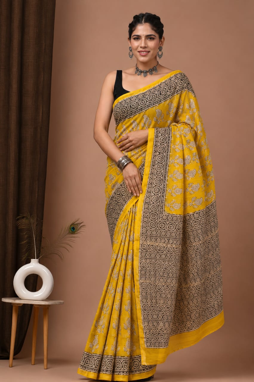 Mustard Yellow & Black Chanderi Silk Ajrakh Saree with Paisley Motifs and Ornate Circular Border