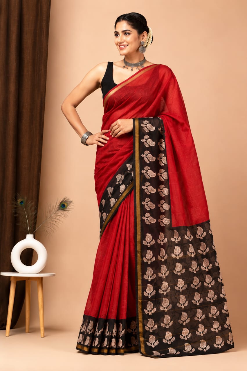Red & Black Chanderi Silk Ajrakh Saree with Paisley Motifs and Floral Printed Pallu