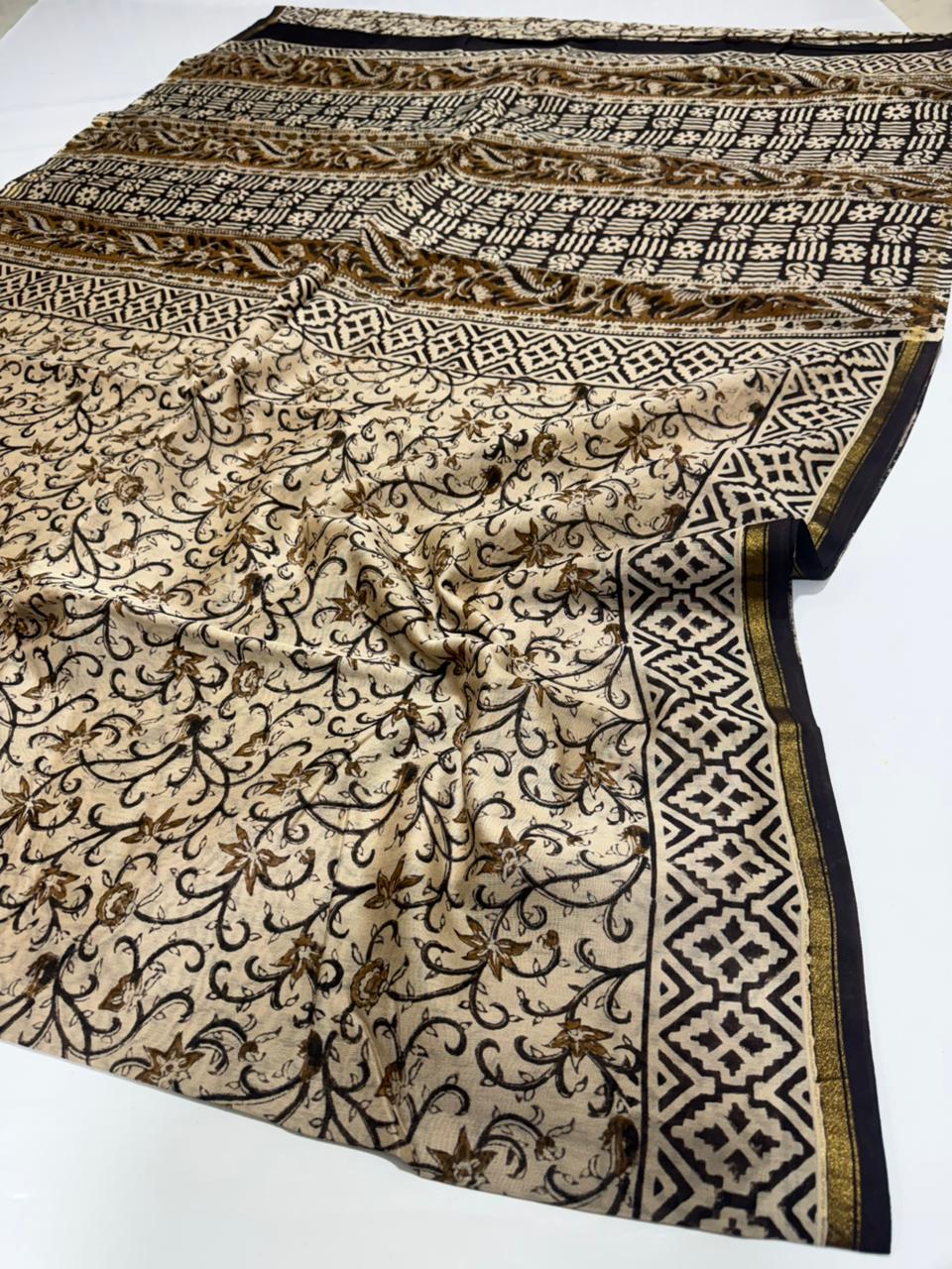 Ivory Black & Antique Gold Floral Vine Handblocked Chanderi Silk Saree