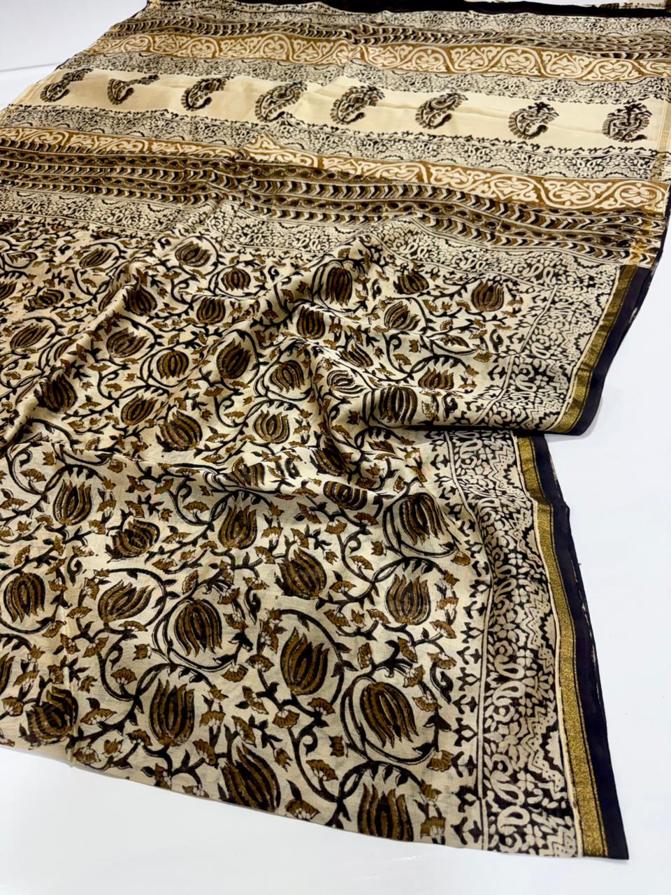 Ivory, Black & Antique Gold Paisley Floral Handblocked Chanderi Silk Saree