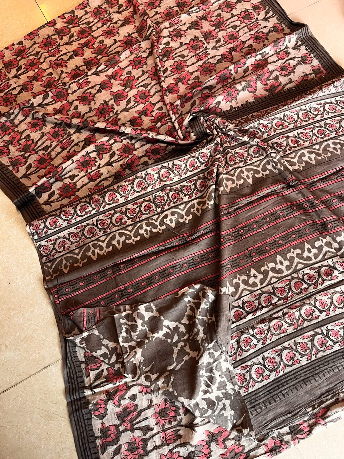Ivory peach rust and black floral Cotton Ajrakh handblocked saree