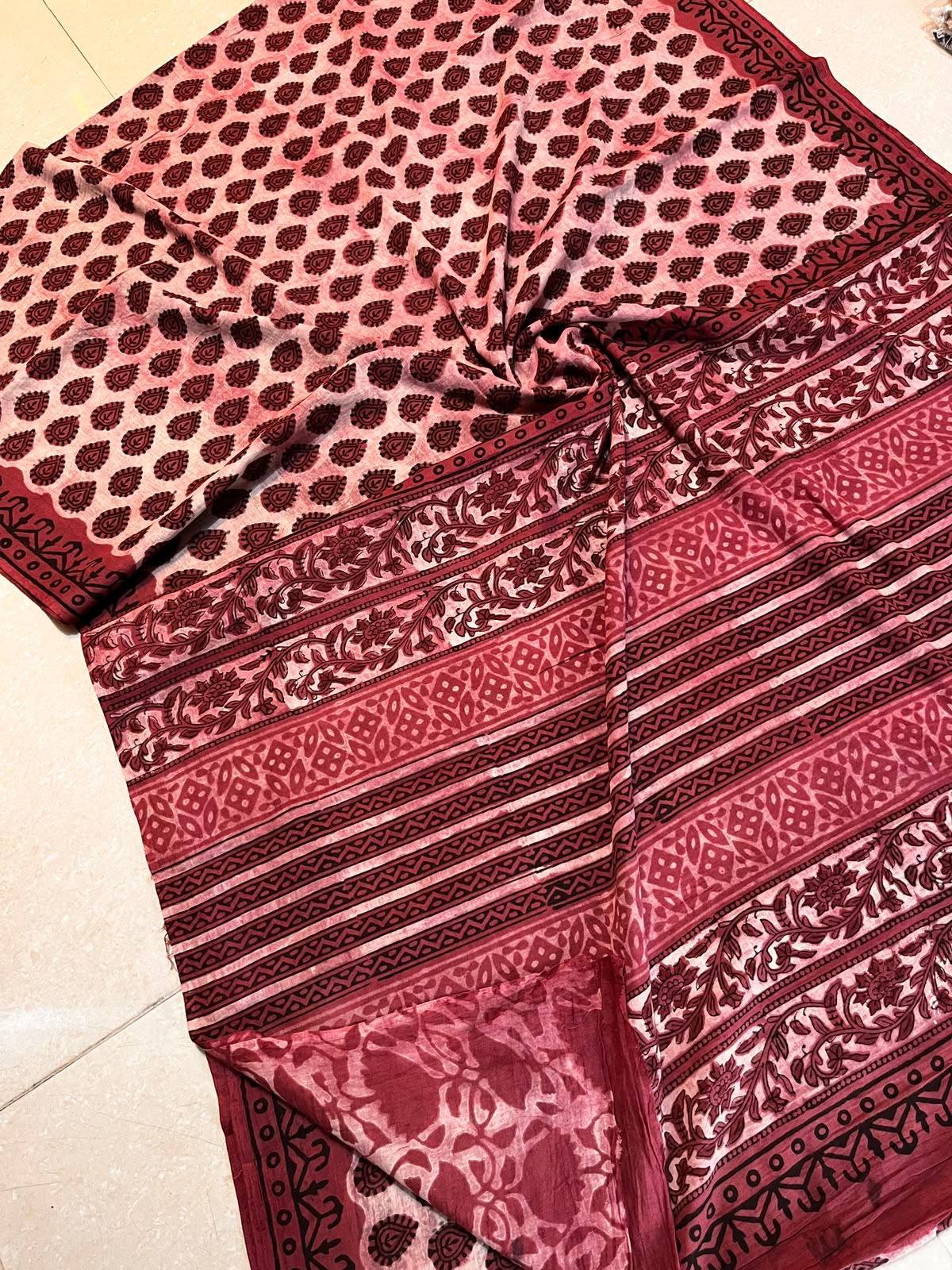 Blush pink and burgundy paisley Cotton Ajrakh handblocked saree