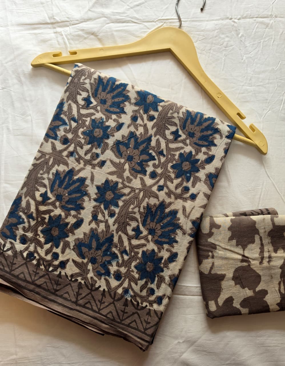Olive mustard and dusty pink floral Cotton Ajrakh handblocked saree with charcoal border