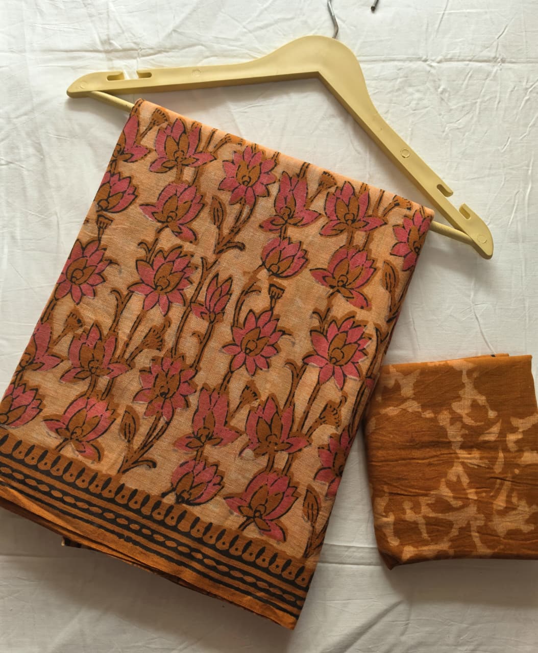 Blush pink and dusty rose floral Cotton Ajrakh handblocked saree with taupe border