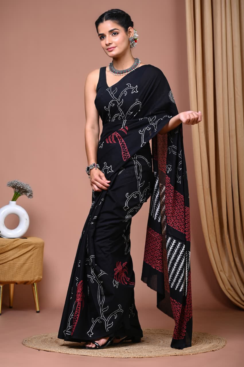 Black Cotton Ajrakh Saree with Grey Floral Motifs and Red Printed Pallu