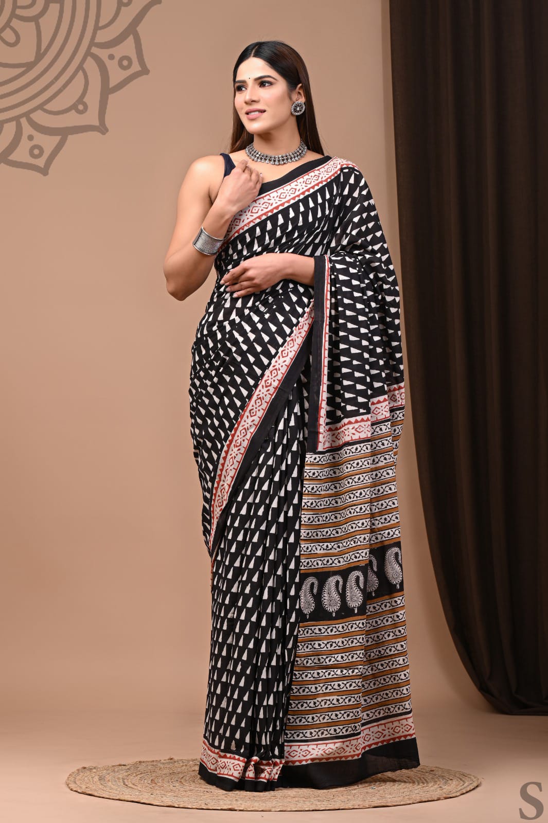 Black Cotton Ajrakh Saree with White Geometric Motifs and Red Border