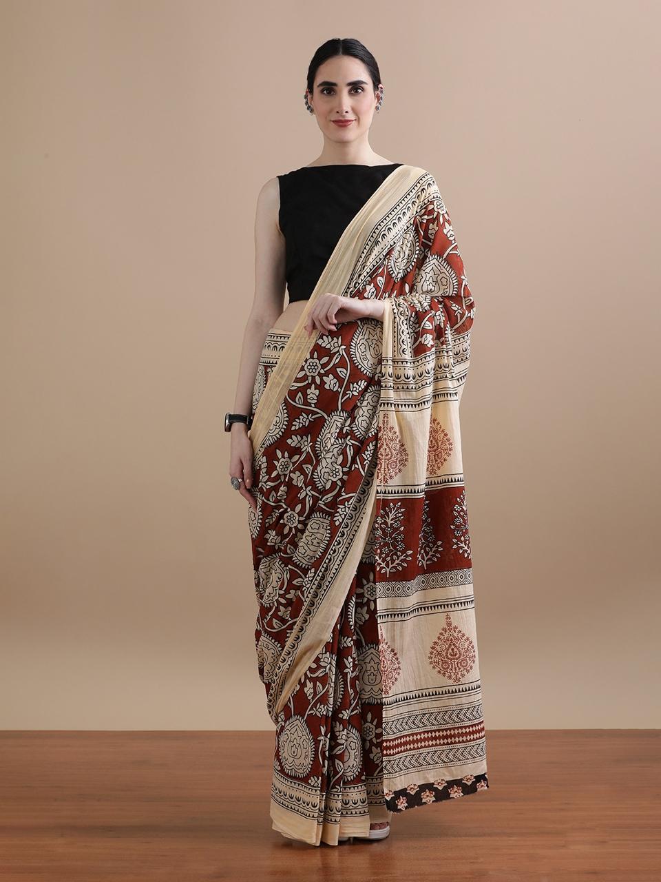 Rust Brown Cotton Bagru Print Saree with Cream Floral Motifs