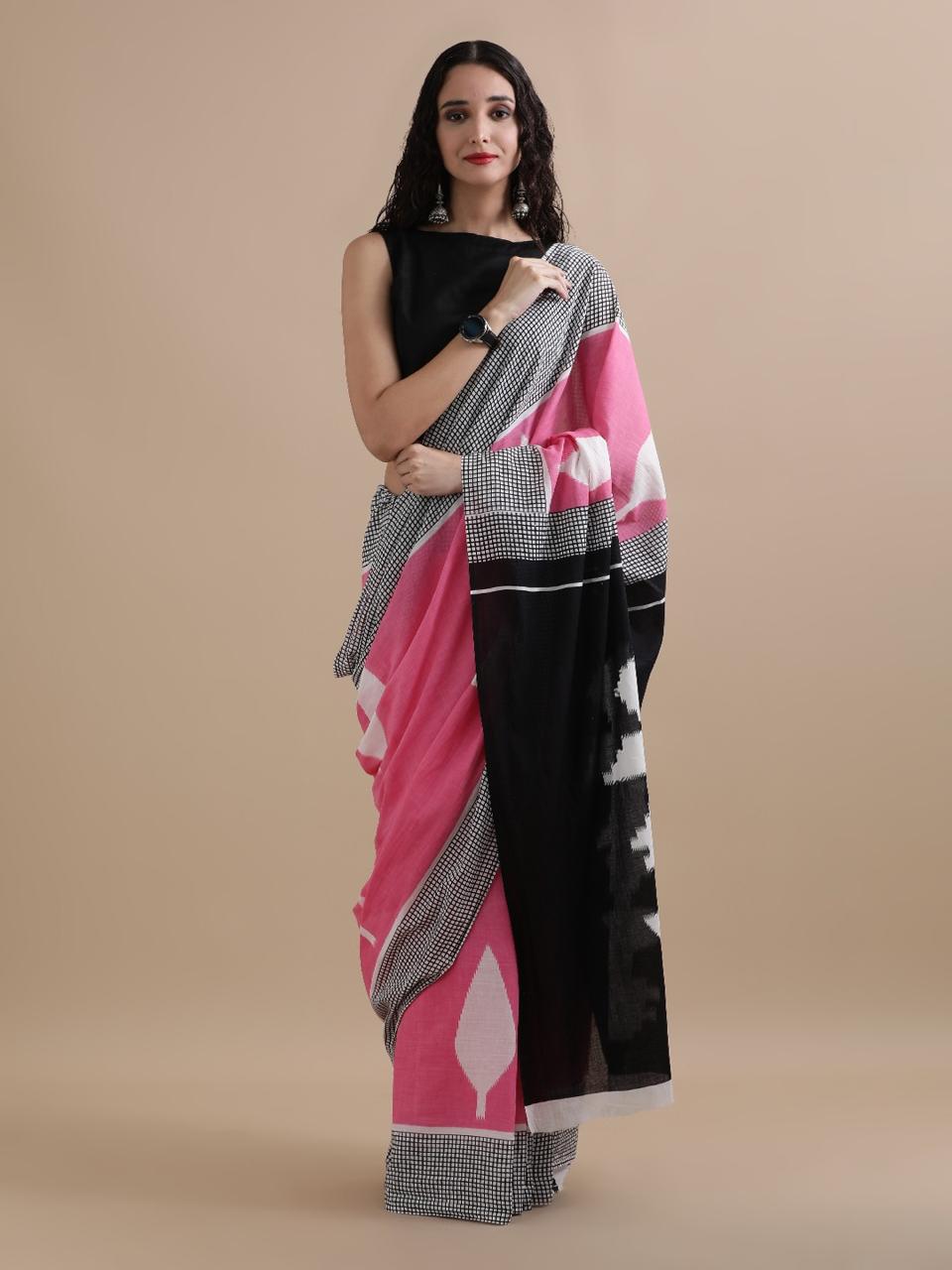 Royal Blue Cotton Bagru Print Saree with White Floral Motifs