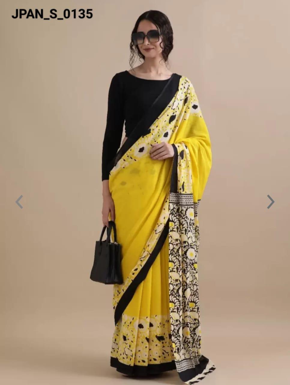Bright Yellow Cotton Bagru Print Saree with Black Floral Pallu